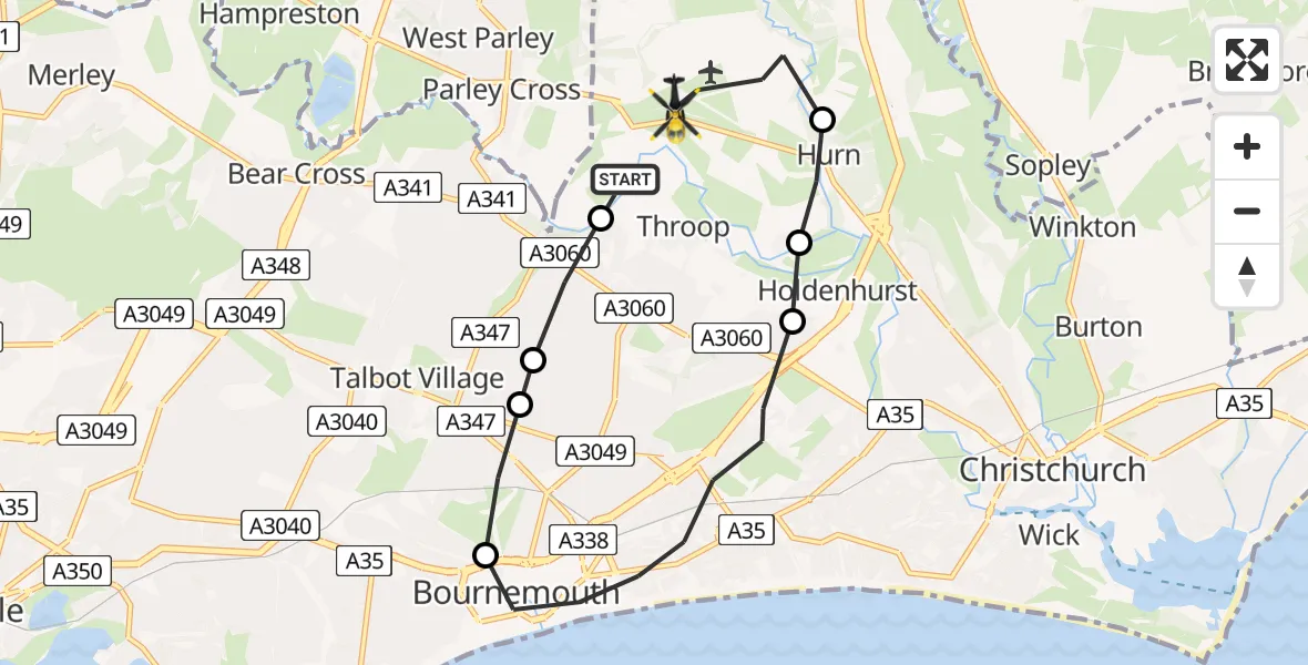 Flight path map showing Police Helicopter route from Hurn to Bournemouth Airport