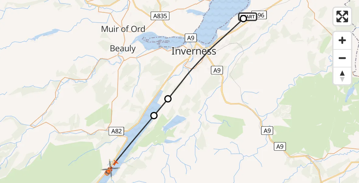 Flight path map showing Coastguard Helicopter route from Inverness Airport to Loch Ness