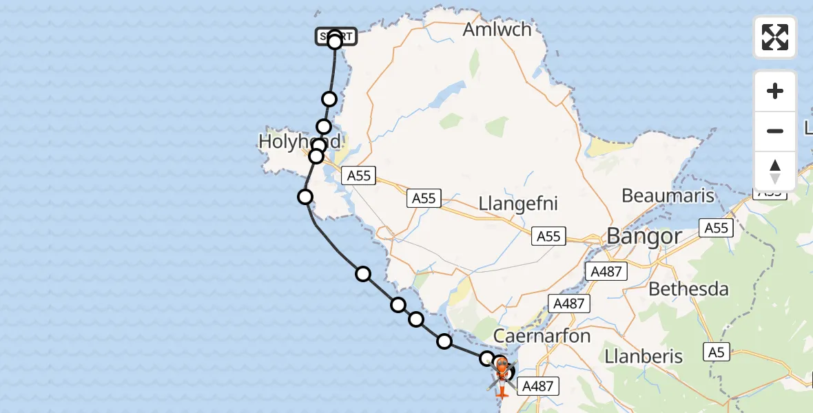 Flight path map showing Coastguard Helicopter route from Llanfaethlu to Caernarfon Airport
