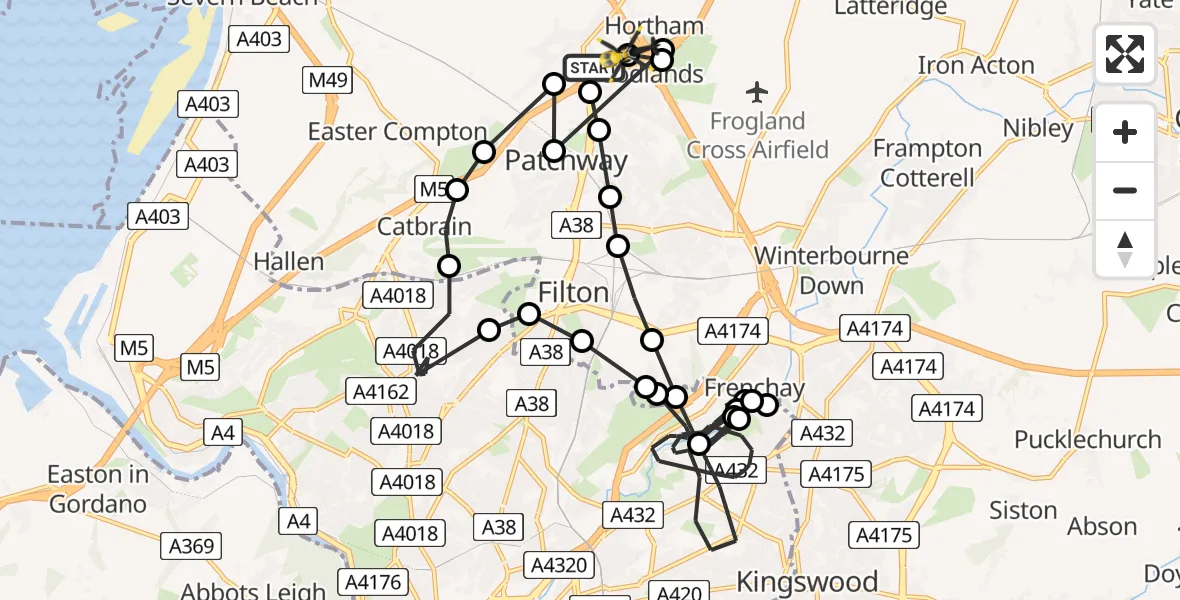 Flight path map showing Police Helicopter route from Almondsbury Helicopter Base to Almondsbury Helicopter Base