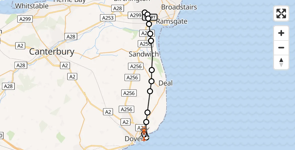 Flight path map showing Coastguard Helicopter route from Manston Airport to Langdon Battery Heliport