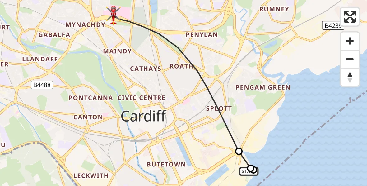 Routekaart van de vlucht: Air Ambulance Helicopter to Cardiff, Dame Shirley Bassey Way