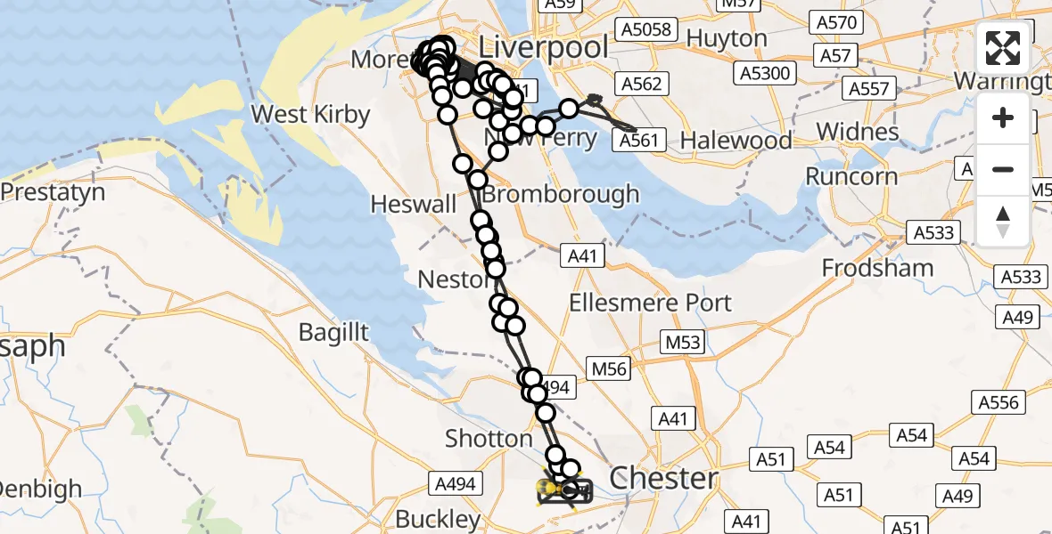 Flight path map showing Police Helicopter route from Hawarden Airport to Hawarden Airport