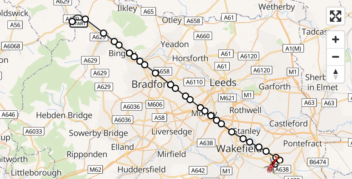 Flight path map showing Air Ambulance Helicopter route from Eastburn to YAA Nostell Helicopter Port