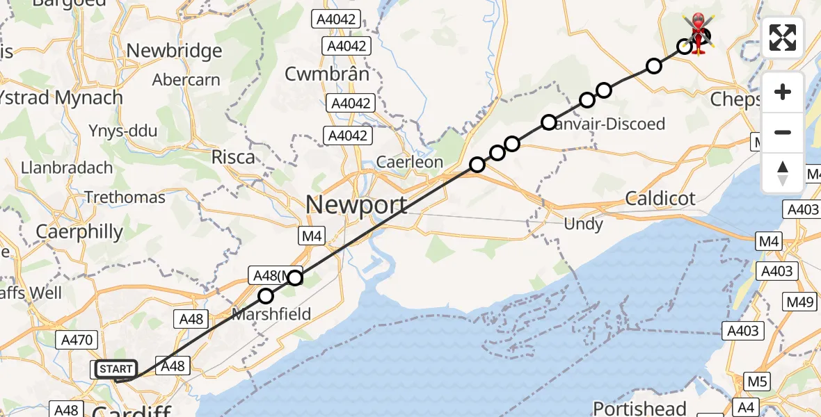 Flight path map showing Air Ambulance Helicopter route from Cardiff to Devauden