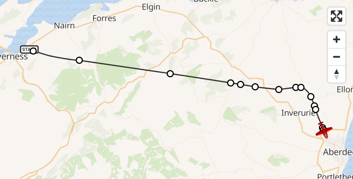 Flight path map showing Air Ambulance Aircraft route from Inverness to Aberdeen City