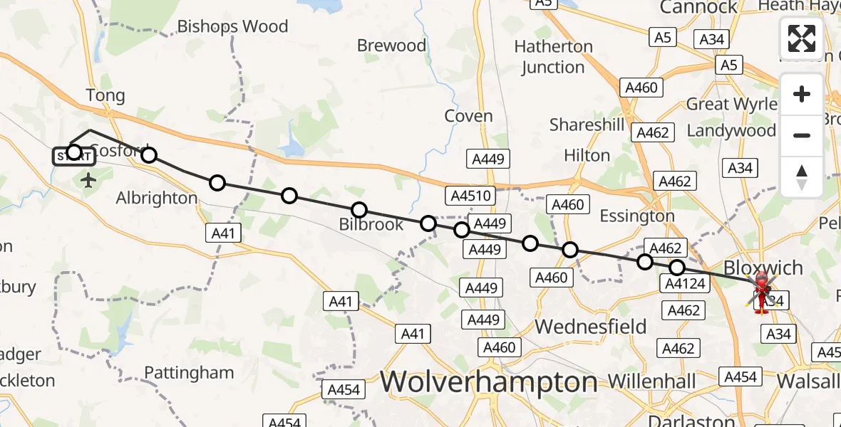 Flight path map showing Air Ambulance Helicopter route from RAF Cosford to Bloxwich