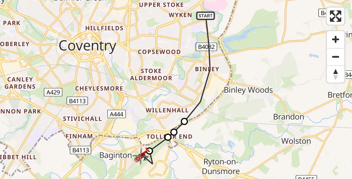 Flight path map showing Air Ambulance Helicopter route from Coventry to Coventry Airport