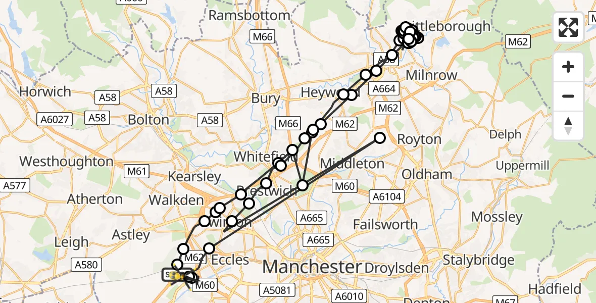 Flight path map showing Police Helicopter route from Manchester Barton Aerodrome to Manchester Barton Aerodrome