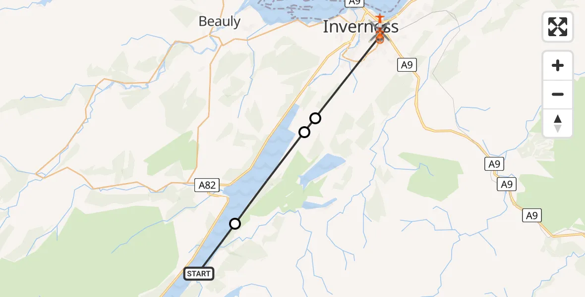 Flight path map showing Coastguard Helicopter route from Loch Ness to Inverness