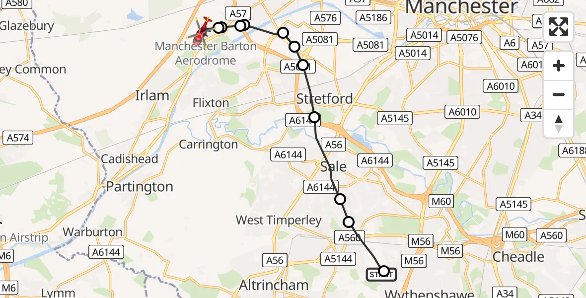 Flight path map showing Air Ambulance Helicopter route from Wythenshawe Hospital Helipad to Manchester Barton Aerodrome