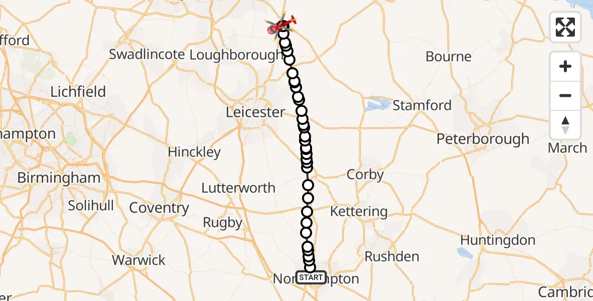Flight path map showing Air Ambulance Helicopter route from Northampton to Nottingham Heliport