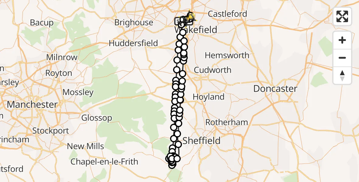Flight path map showing Police Helicopter route from East Ardsley to East Ardsley