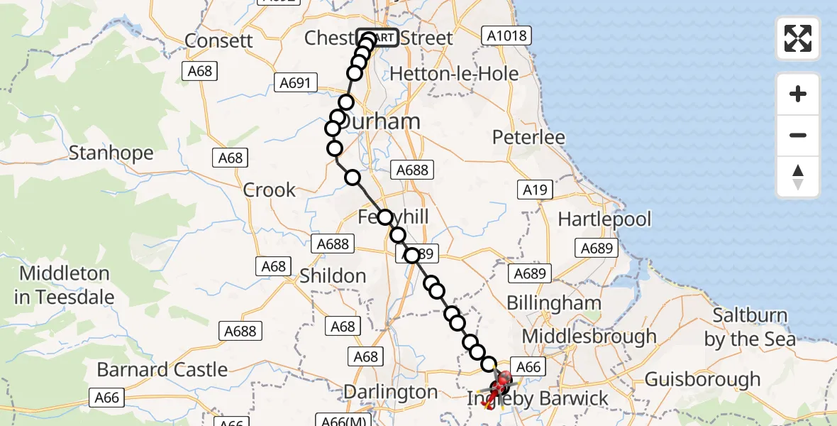 Flight path map showing Air Ambulance Helicopter route from South Pelaw to Egglescliffe