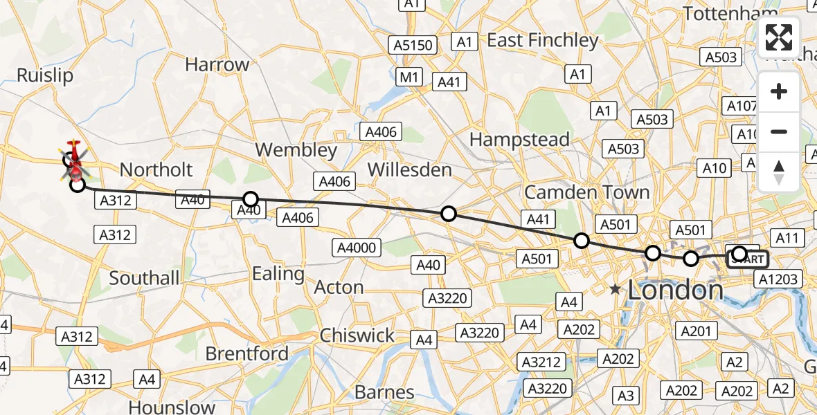 Flight path map showing Air Ambulance Helicopter route from Royal London Hospital to RAF Northolt