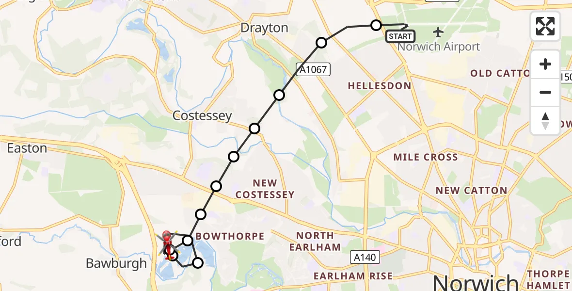 Flight path map showing Air Ambulance Helicopter route from Norwich Airport to Costessey