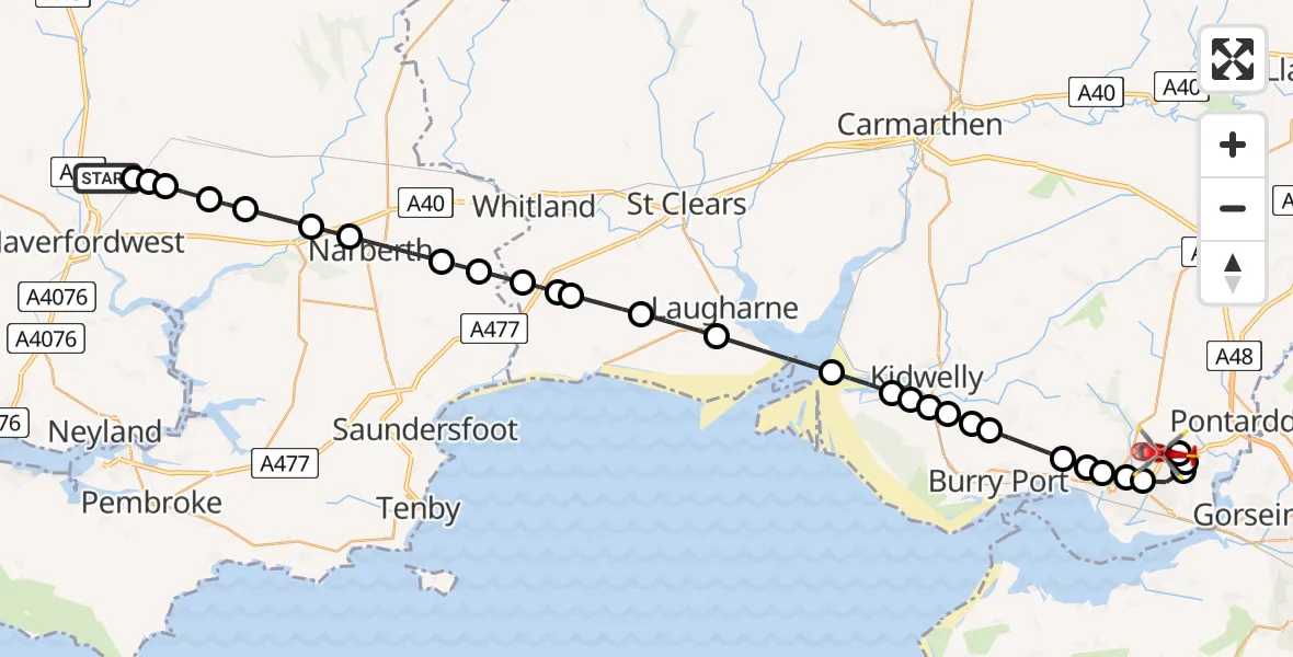 Flight path map showing Air Ambulance Helicopter route from Haverfordwest Airport to Dafen