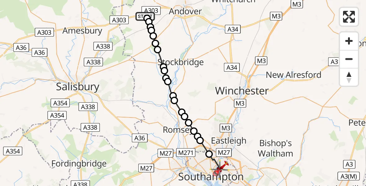 Flight path map showing Air Ambulance Helicopter route from Thruxton to Southampton