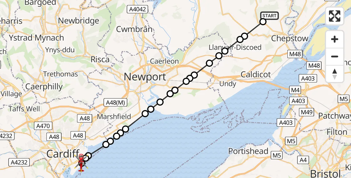 Flight path map showing Air Ambulance Helicopter route from Devauden to Cardiff Heliport