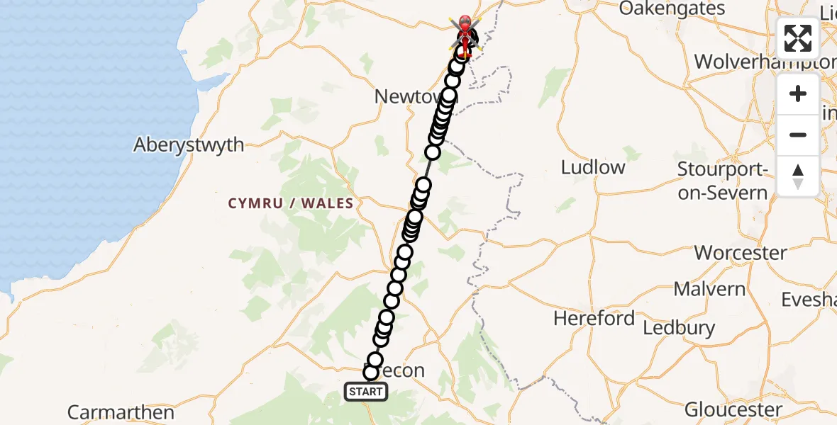 Flight path map showing Air Ambulance Helicopter route from Libanus to Welshpool Airport