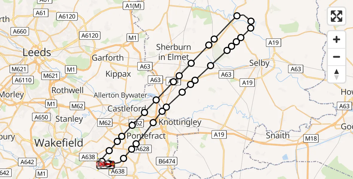 Flight path map showing Air Ambulance Helicopter route from YAA Nostell Helicopter Port to YAA Nostell Helicopter Port