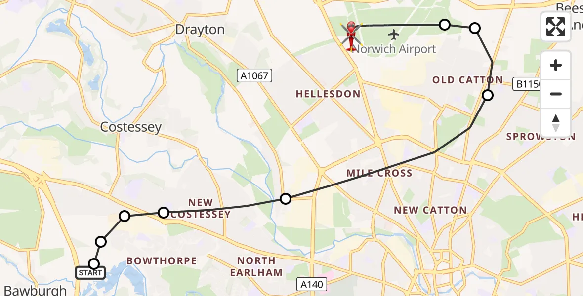 Flight path map showing Air Ambulance Helicopter route from Costessey to Norwich Airport