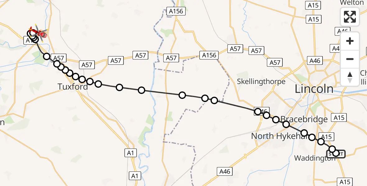 Flight path map showing Air Ambulance Helicopter route from RAF Waddington to Retford Gamston Airport