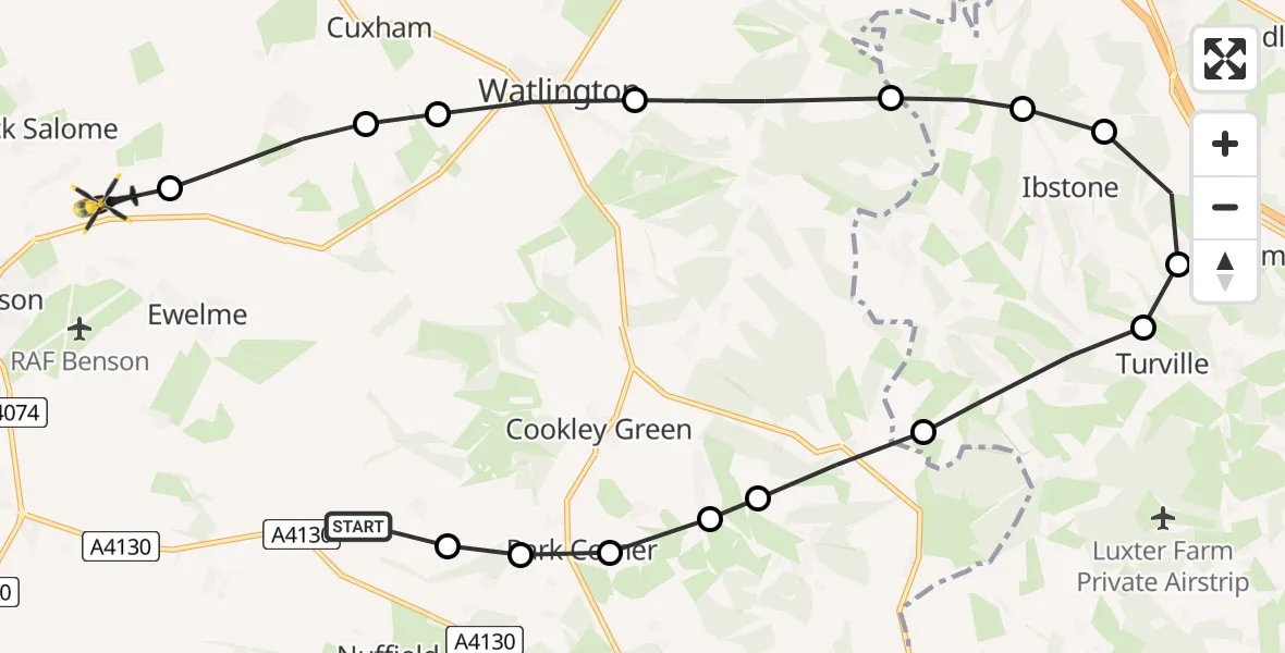 Flight path map showing Police Helicopter route from Nuffield to Ewelme