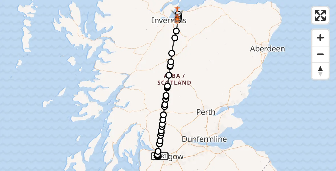Flight path map showing Coastguard Helicopter route from Glasgow Airport to Inverness Airport