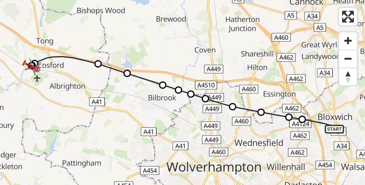 Flight path map showing Air Ambulance Helicopter route from Bloxwich to Cosford