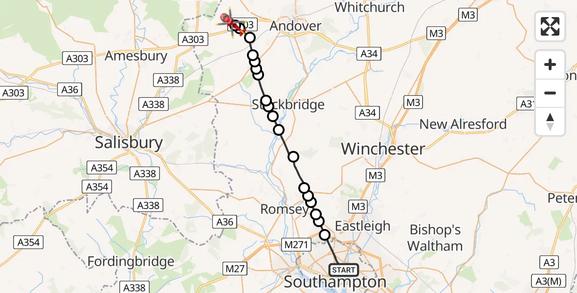 Flight path map showing Air Ambulance Helicopter route from Southampton to Thruxton Aerodrome