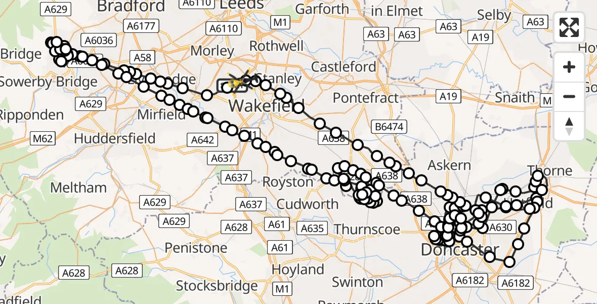 Flight path map showing Police Helicopter route from Woodkirk to East Ardsley