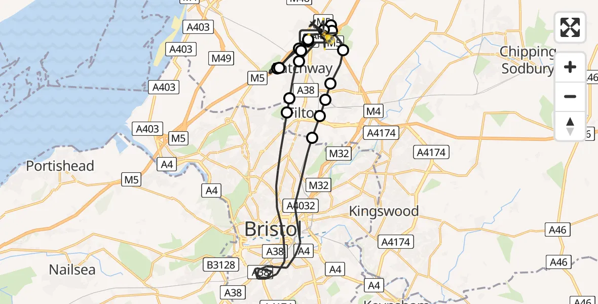Flight path map showing Police Helicopter route from Almondsbury Helicopter Base to Almondsbury Helicopter Base