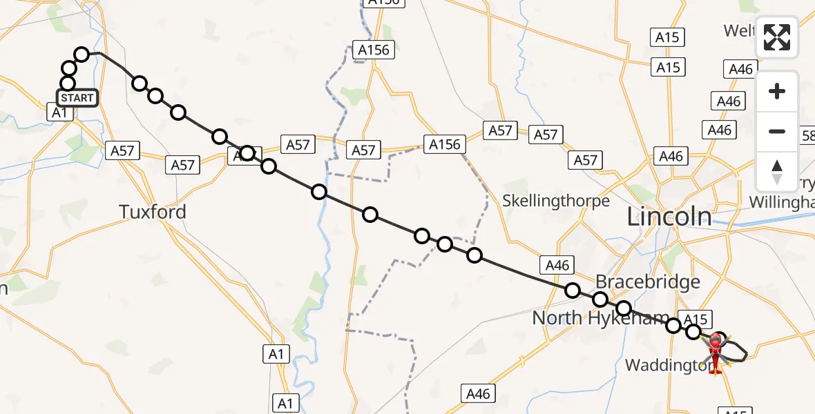 Routekaart van de vlucht: Air Ambulance Helicopter to North Kesteven, Sleaford Road