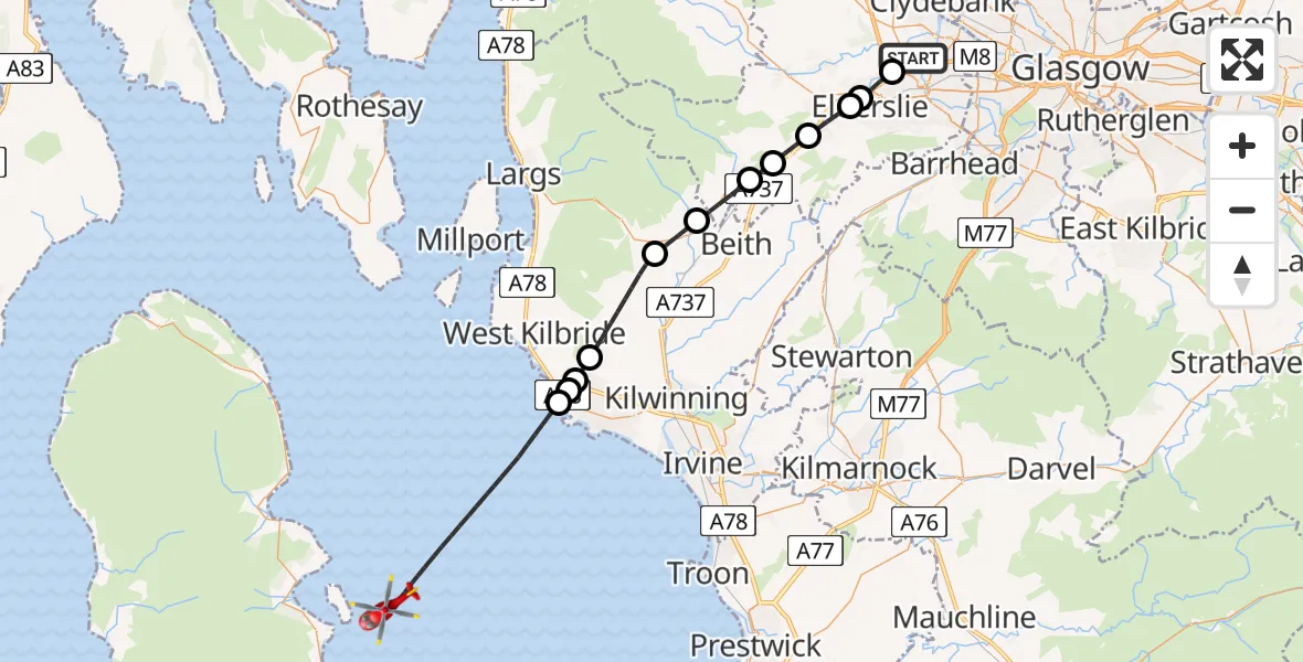 Flight path map showing Air Ambulance Helicopter route from Glasgow Airport to Inner Seas