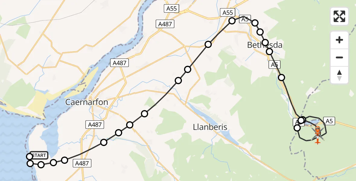 Flight path map showing Coastguard Helicopter route from Caernarfon Airport to Capel Curig