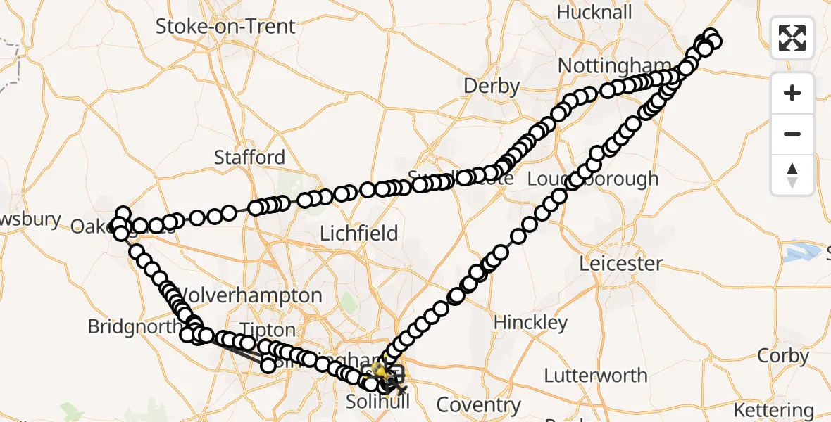 Flight path map showing Police Helicopter route from Birmingham Airport to Solihull
