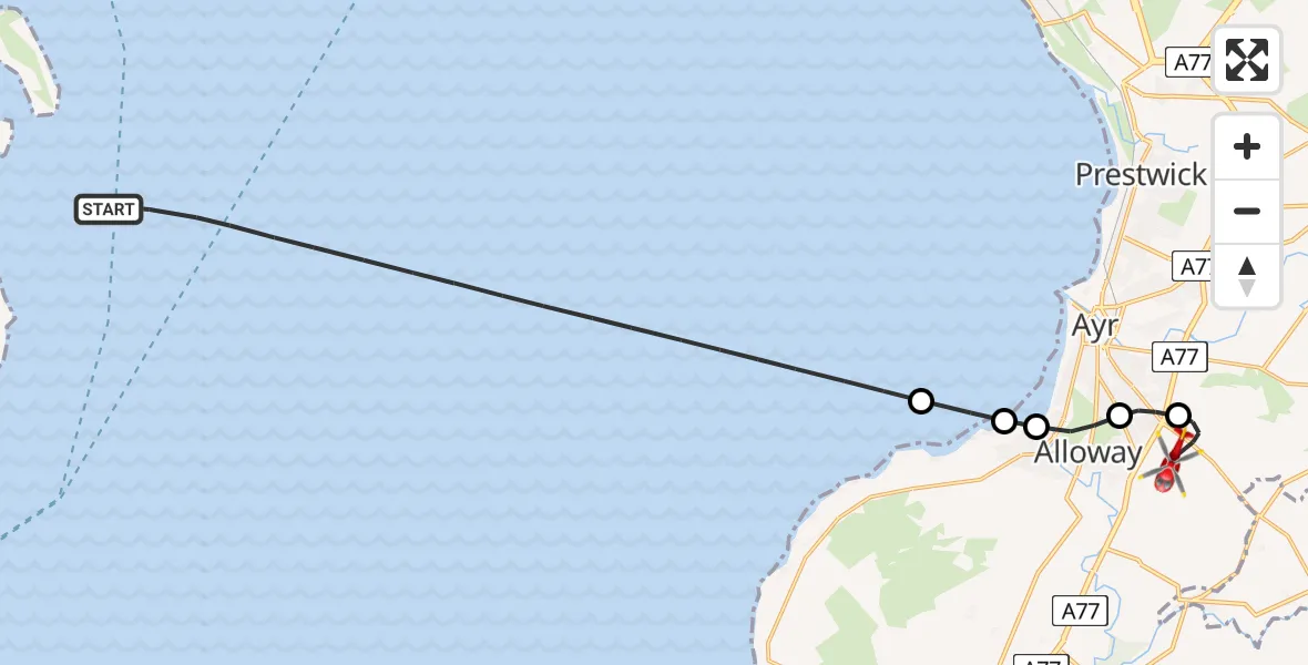 Flight path map showing Air Ambulance Helicopter route from Inner Seas to Alloway