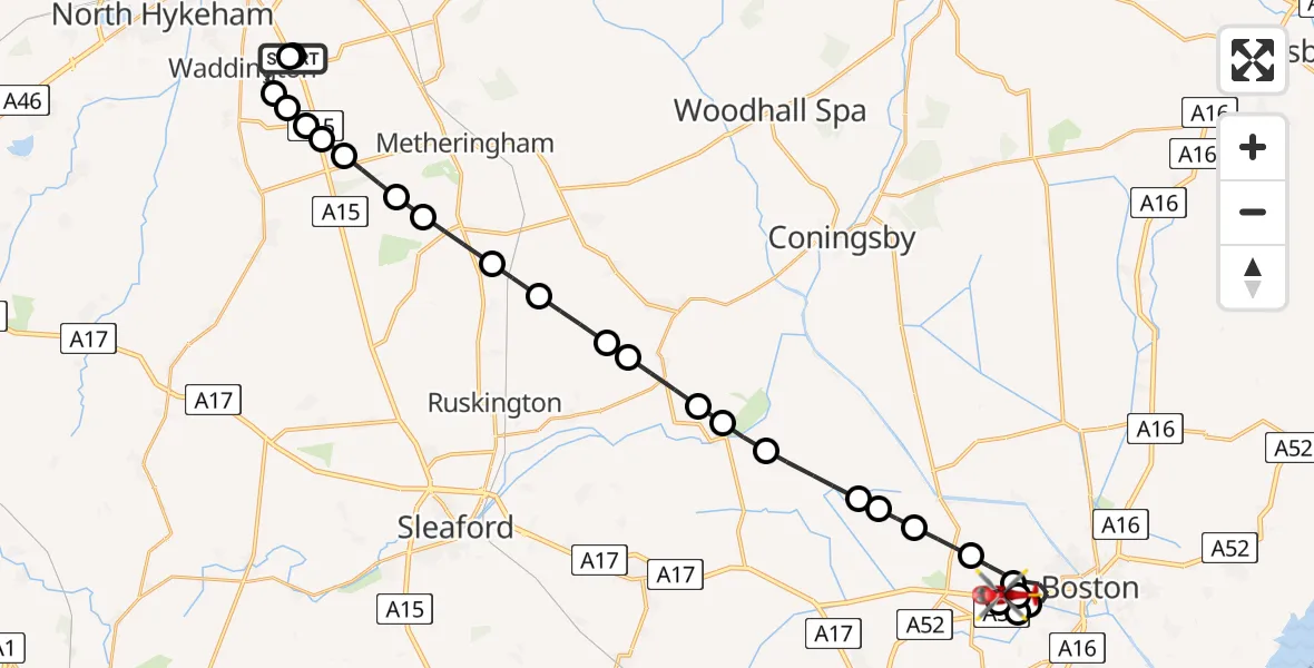 Flight path map showing Air Ambulance Helicopter route from RAF Waddington to Boston Aerodrome