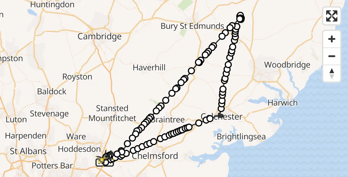 Flight path map showing Police Helicopter route from North Weald Airfield to North Weald Airfield