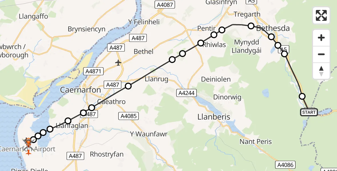 Flight path map showing Coastguard Helicopter route from Capel Curig to Caernarfon Airport