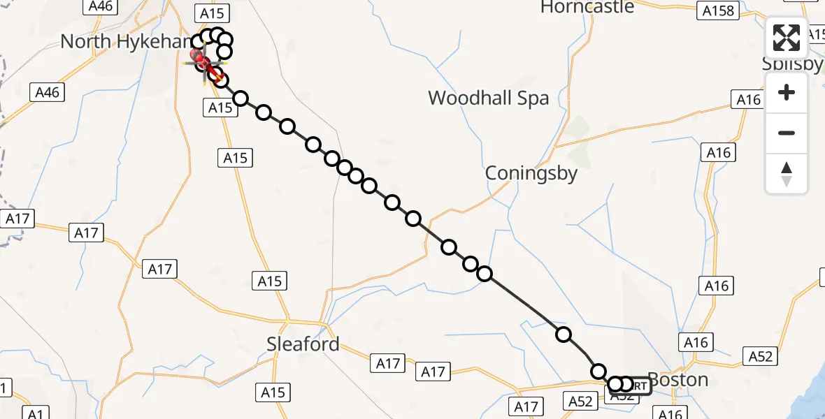 Flight path map showing Air Ambulance Helicopter route from Boston Aerodrome to North Kesteven