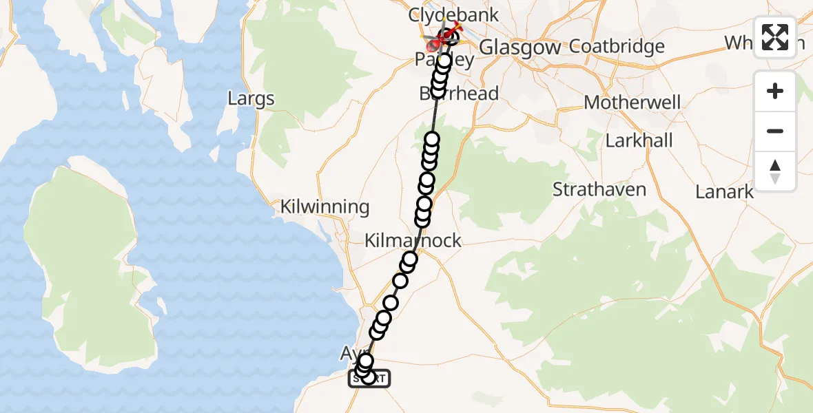 Flight path map showing Air Ambulance Helicopter route from Ayr University Hospital to Glasgow Airport