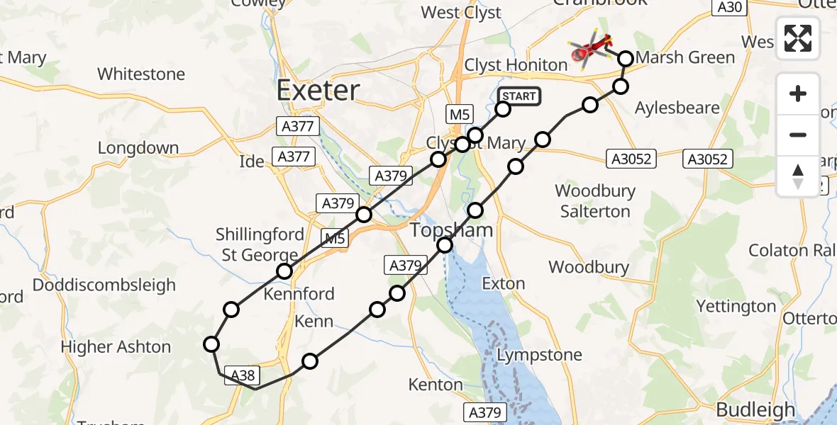 Flight path map showing Air Ambulance Helicopter route from Clyst Honiton to Exeter International Airport