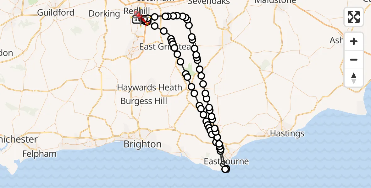 Flight path map showing Air Ambulance Helicopter route from Redhill Aerodrome to Redhill Aerodrome