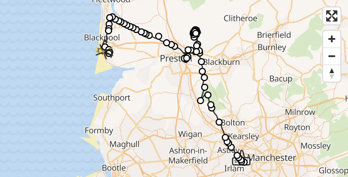 Flight path map showing Police Helicopter route from Manchester Barton Aerodrome to Blackpool Airport