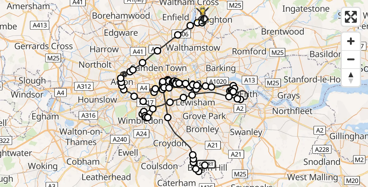 Flight path map showing Police Helicopter route from London Biggin Hill Airport to Metropolitan Police Air Support Unit Lippitts Hill