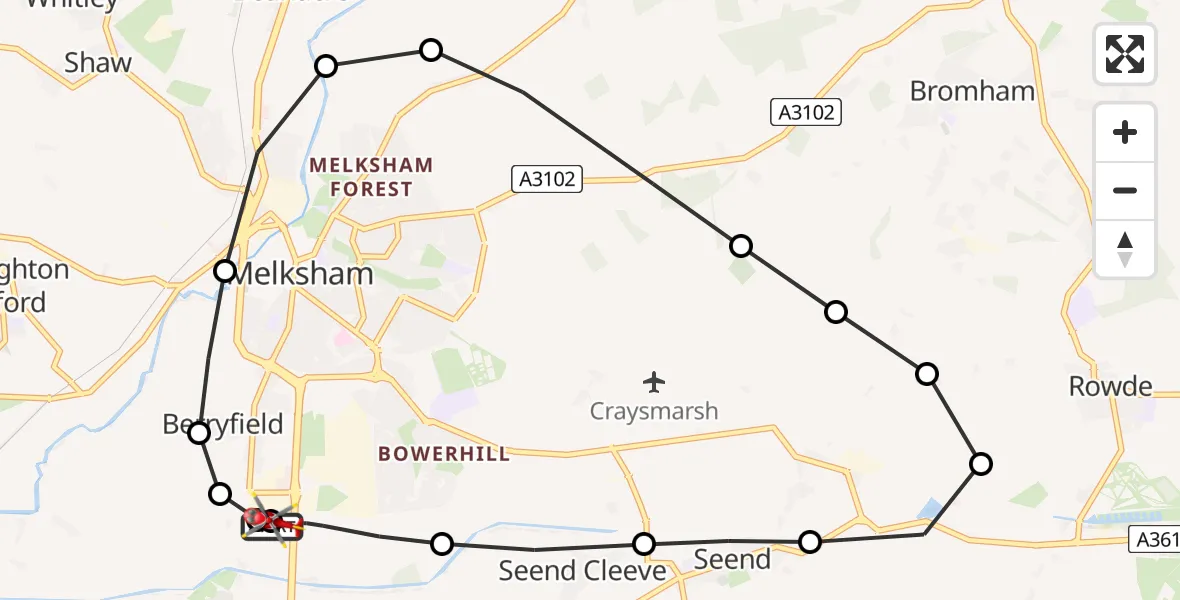 Flight path map showing Air Ambulance Helicopter route from Wiltshire Air Ambulance to Melksham