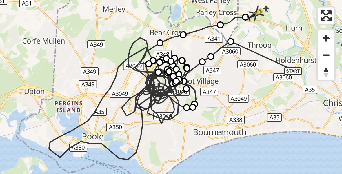 Flight path map showing Police Helicopter route from Holdenhurst to Bournemouth Airport
