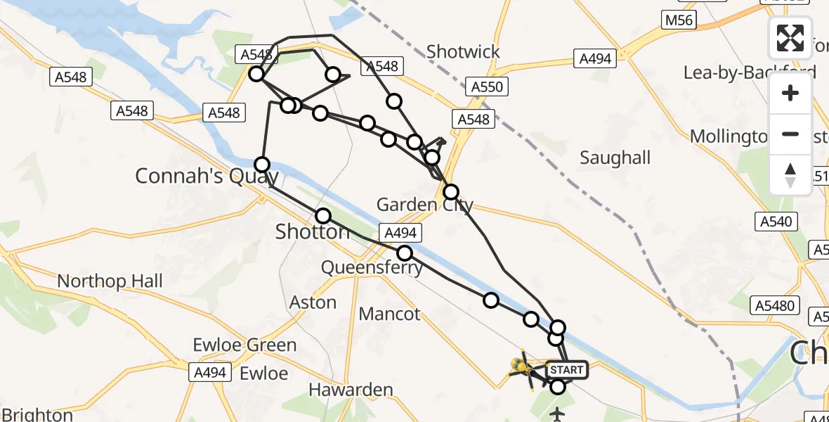 Flight path map showing Police Helicopter route from Hawarden Airport to Hawarden Airport
